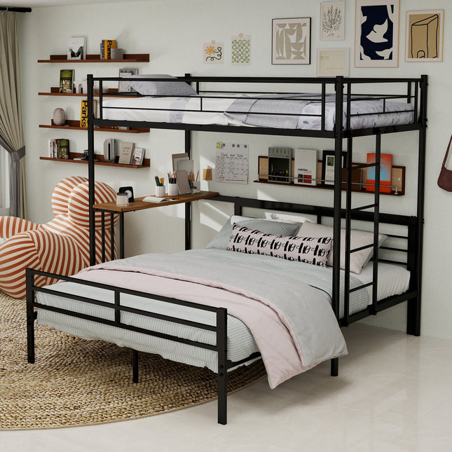 Metal frame bed, loft bed with desk underneath, bunk bed, equipped with ladder and full-length guardrails, suitable for teenagers and adults, noise-free (mattress not included).