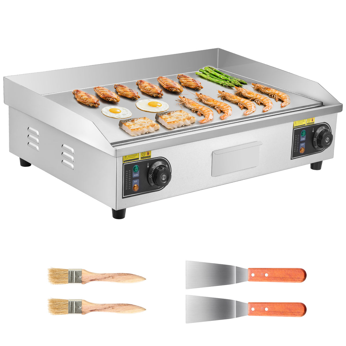 Commercial Electric Griddle, 28.54 x 15.75 in, 2800W, 122-570°F Adjustable Temp Control, Stainless Steel Countertop Flat Top Grill with 2 Spatulas, 2 Brushes, and 4 Foot Pads, for Steak