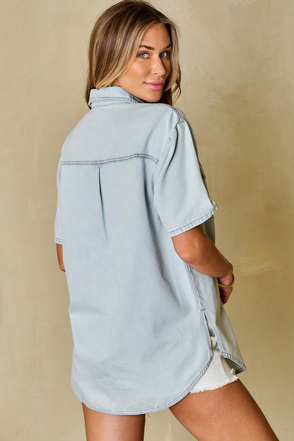 Mist Blue Light Wash Flap Pockets Rounded Hem Denim Blouse - Eloy Royal