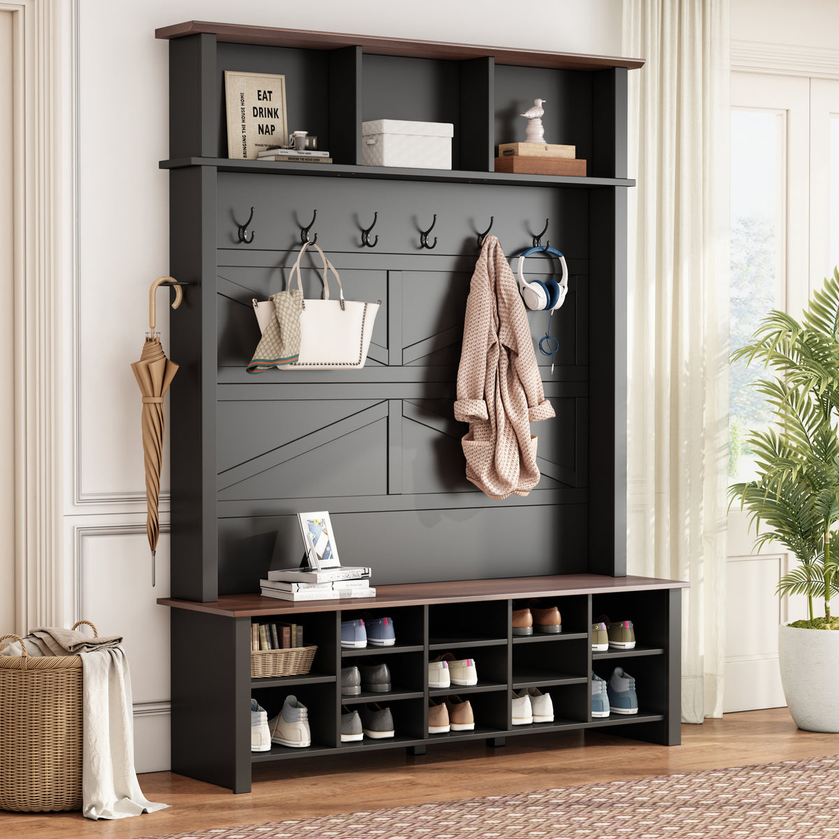 Farmhouse 4-in-1 Hall Tree with 6 Hooks, Practical Walnut Entryway Bench with Adjustable Shelves,  Wooden Shoe Organizer with 16 Compartments for Mudroom, Living Room, Black (OLD SKU: N721S000064B-1)