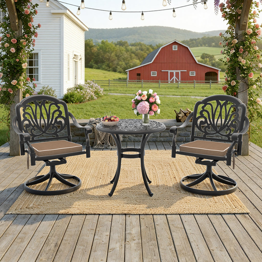 3-Piece All-Weather Cast Aluminum Dining Set, Include 2 Swivel Chairs and 26.77' Round Table With Black Frame