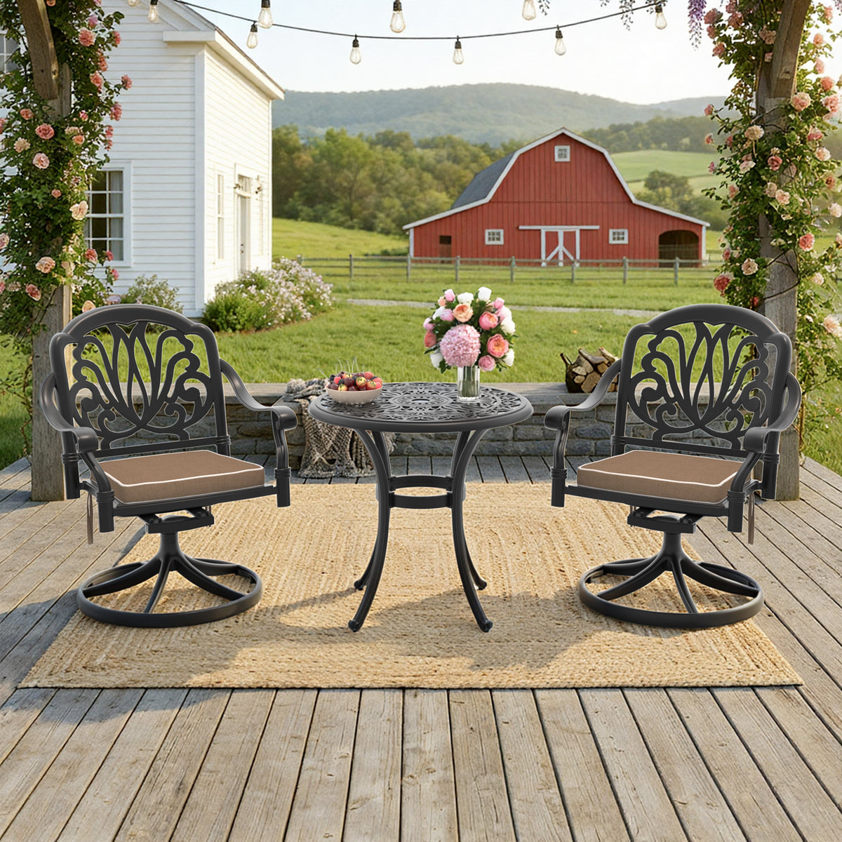 3-Piece All-Weather Cast Aluminum Dining Set, Include 2 Swivel Chairs and 26.77' Round Table With Black Frame