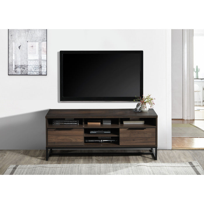 47 In Dark Walnut Wood TV Stand with 5 Shelves and 2 Drawers, Living Room Media Console for 43' to 55' TVs