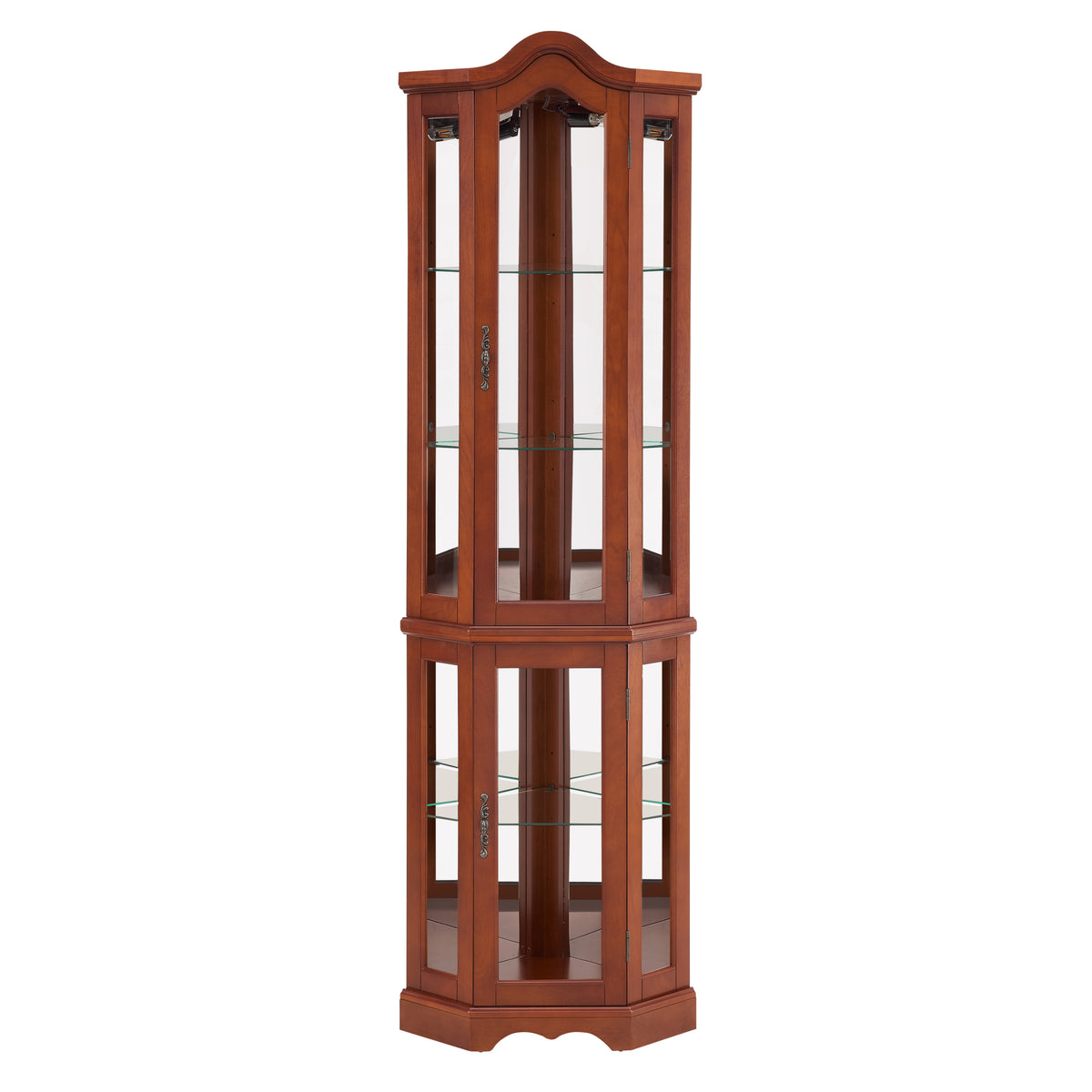 Corner Curio Cabinet with Lights, Adjustable Tempered Glass Shelves, Mirrored Back, Display Cabinet, Walnut