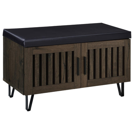 Clackamas Smoked Oak 2-Door Storage Bench with Black Faux Leather Top and Metal Hairpin Legs