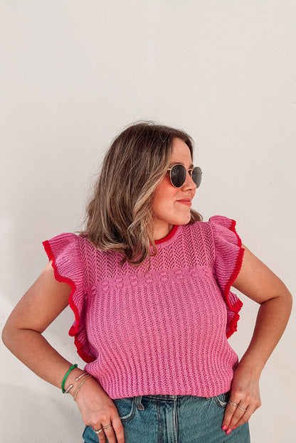 Rose Red Ruffle Contrast Trim Plus Size Knitted Top - Eloy Royal