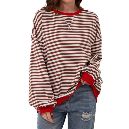 Loose Striped Long Sleeve T-shirt Casual Pullover Sweater For Womens Clothing