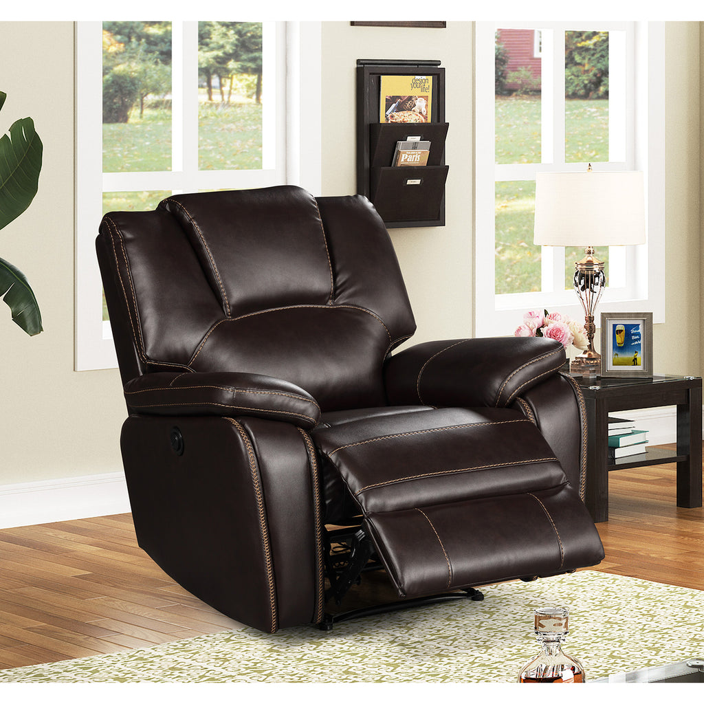 Dark Brown Breathable Air Leather Power Recliner with USB, Plush Pillow Top Upholstered Armchair