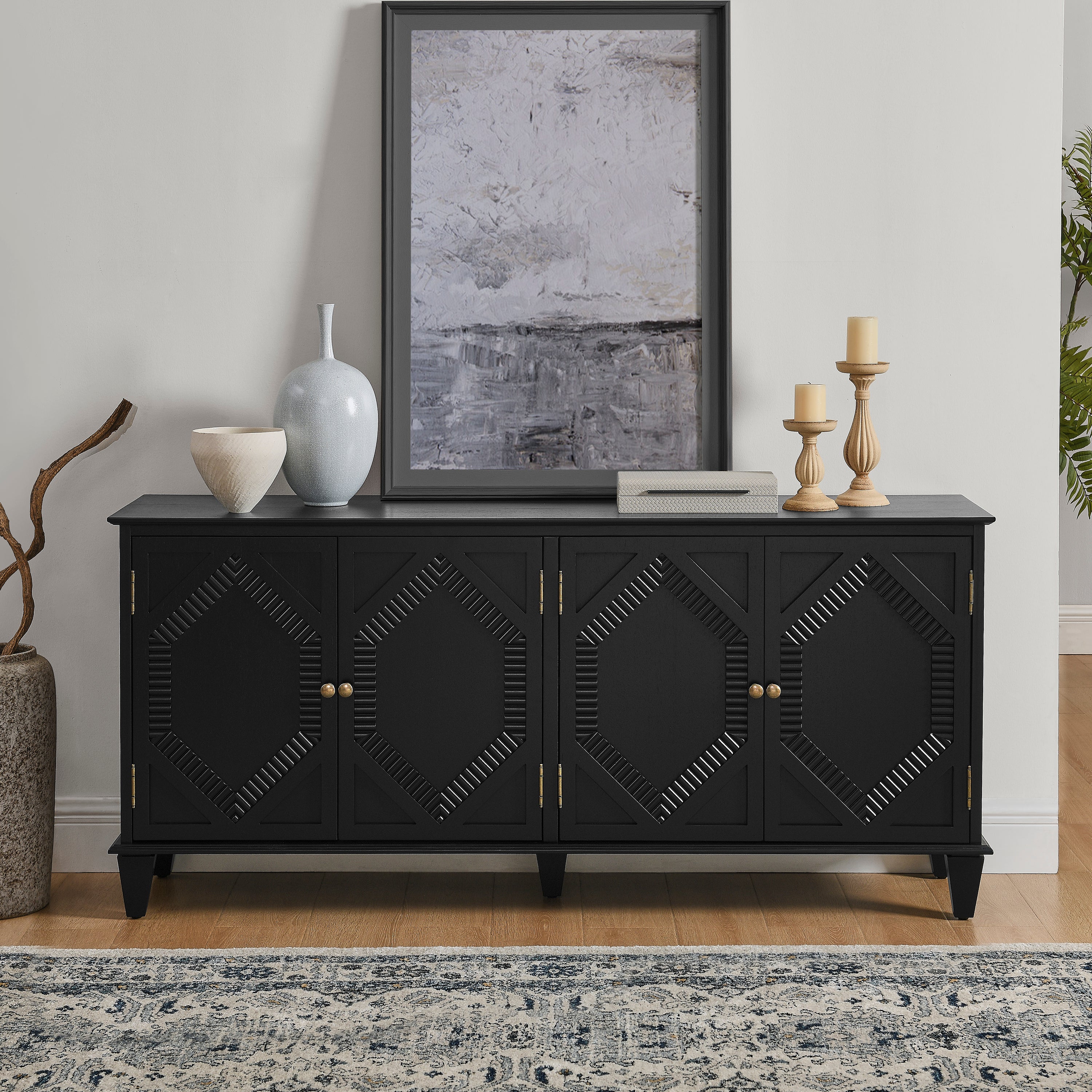 65.2' Mid Century Modern Sideboard Buffet Cabinet with Storage, Symmetrical Geometric Accent Coffee Bar Wine Bar Storage Cabinet, Large Console Table for Living Room/Entryway/Kitchen, Black