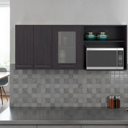 Hasselt Wall-Mounted Kitchen Cabinet Organizer with Microwave Space, 4 Doors, Interior Storage Shelves, Open Shelf, and Built-In Dish Holder