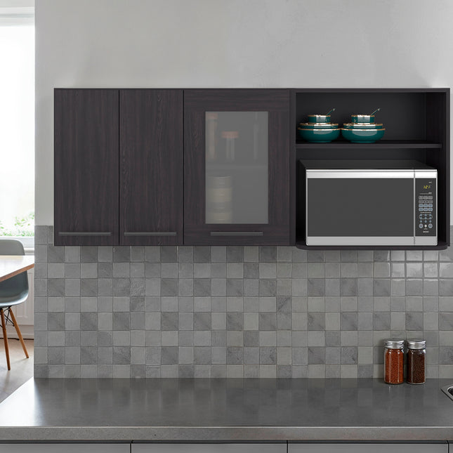 Hasselt Wall-Mounted Kitchen Cabinet Organizer with Microwave Space, 4 Doors, Interior Storage Shelves, Open Shelf, and Built-In Dish Holder