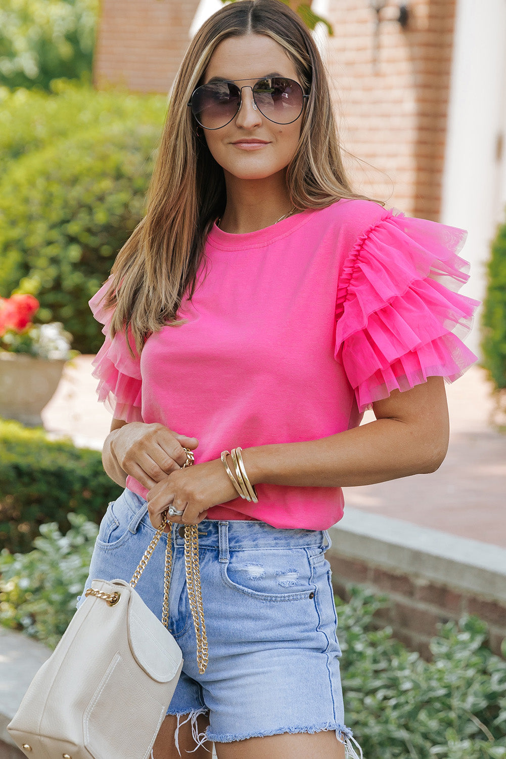 Pink Plain Round Neck Tulle Ruffle Sleeve Blouse - Eloy Royal