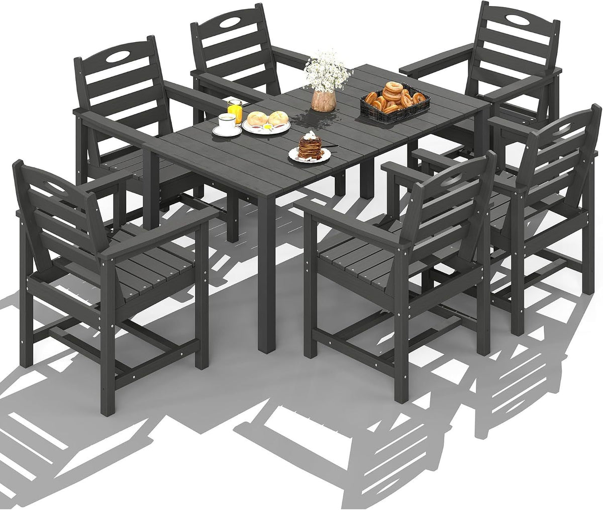 HDPE Outdoor Dining Set, All-Weather 7 Piece Outdoor Dining Table Set with 2' Umbrella Hole, Outdoor Patio Dining Set for Garden, Poolside, Backyard, Deck, Grey