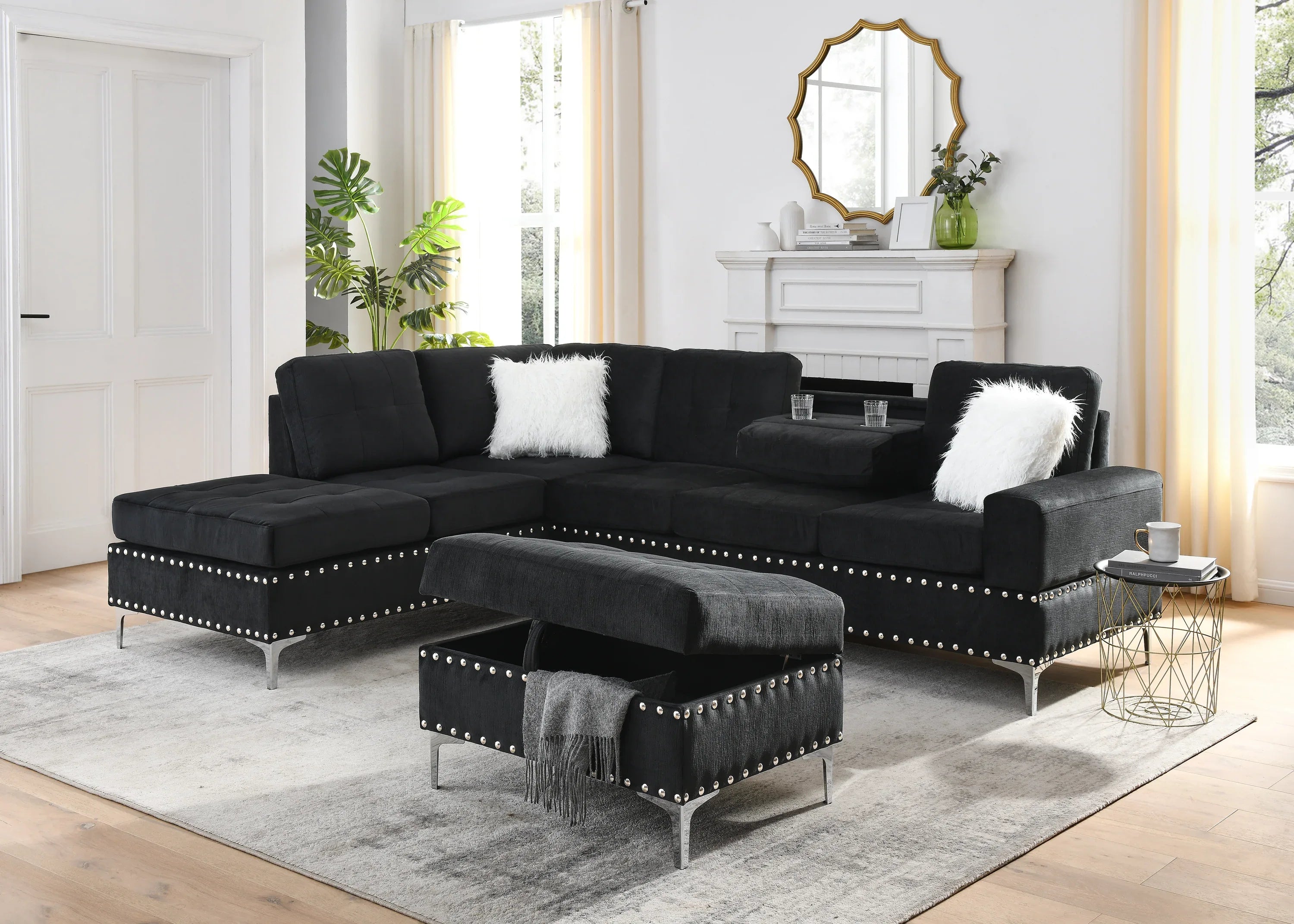 Sectional 3-Seaters Sofa with Reversible Chaise, Storage Ottoman and Cup Holders, Metal Legs and Copper Nails,Two White Villose Pillows ,Black(107.5' x 80.5' x36') - Eloy Royal