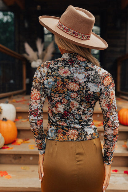 Brown Floral Print Mesh Mock Neck Slim Top