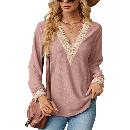 Lace Stitching V-neck T-shirt Loose Long-sleeved Solid Color Top For Women