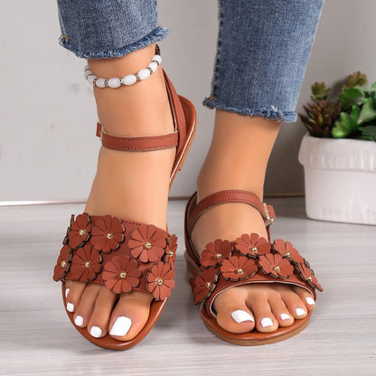 Retro Flowers Sandals Summer Casual Versatile Round Toe Buckle Flat Beach Shoes For Women New Roman Shoes - Eloy Royal