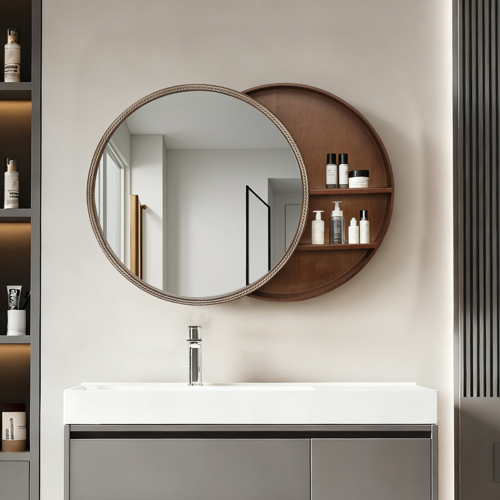 23.62' Sliding Round Wall Mirror with Storage Shelves - 2-Tier Wooden Side Cabinet, Space-Saving Hanging Mirror for Bathroom Vanity, Bedroom & Entryway