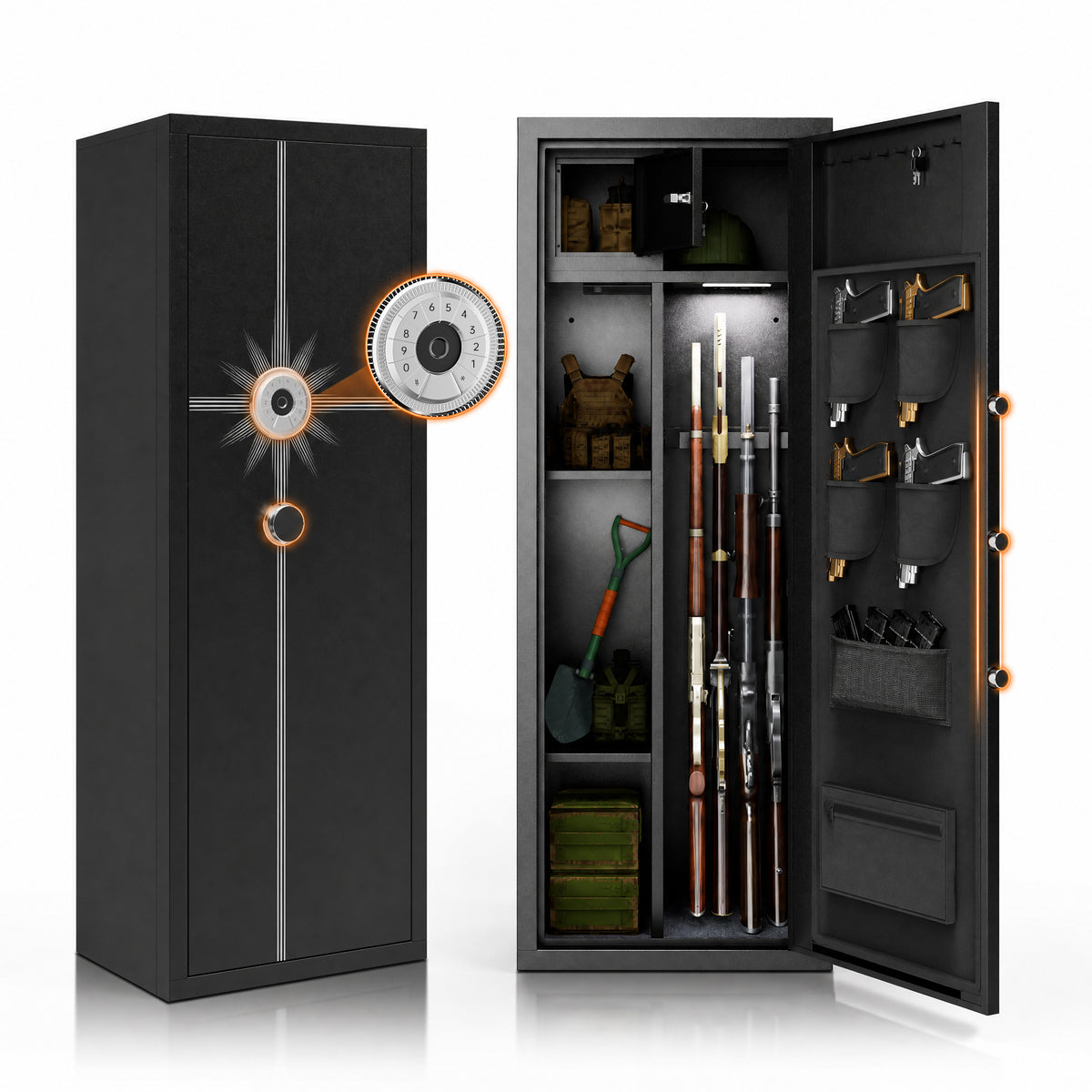 8 Gun Safe Rifle and Pistol Storage, Fingerprint Lock Gun Cabinet with Adjustable Racks & Shelves, 4 Pistol Pockets, Quick Access Rifle Safe with Keypad, Alarm & Silent Modes, 57' H Gun Locker