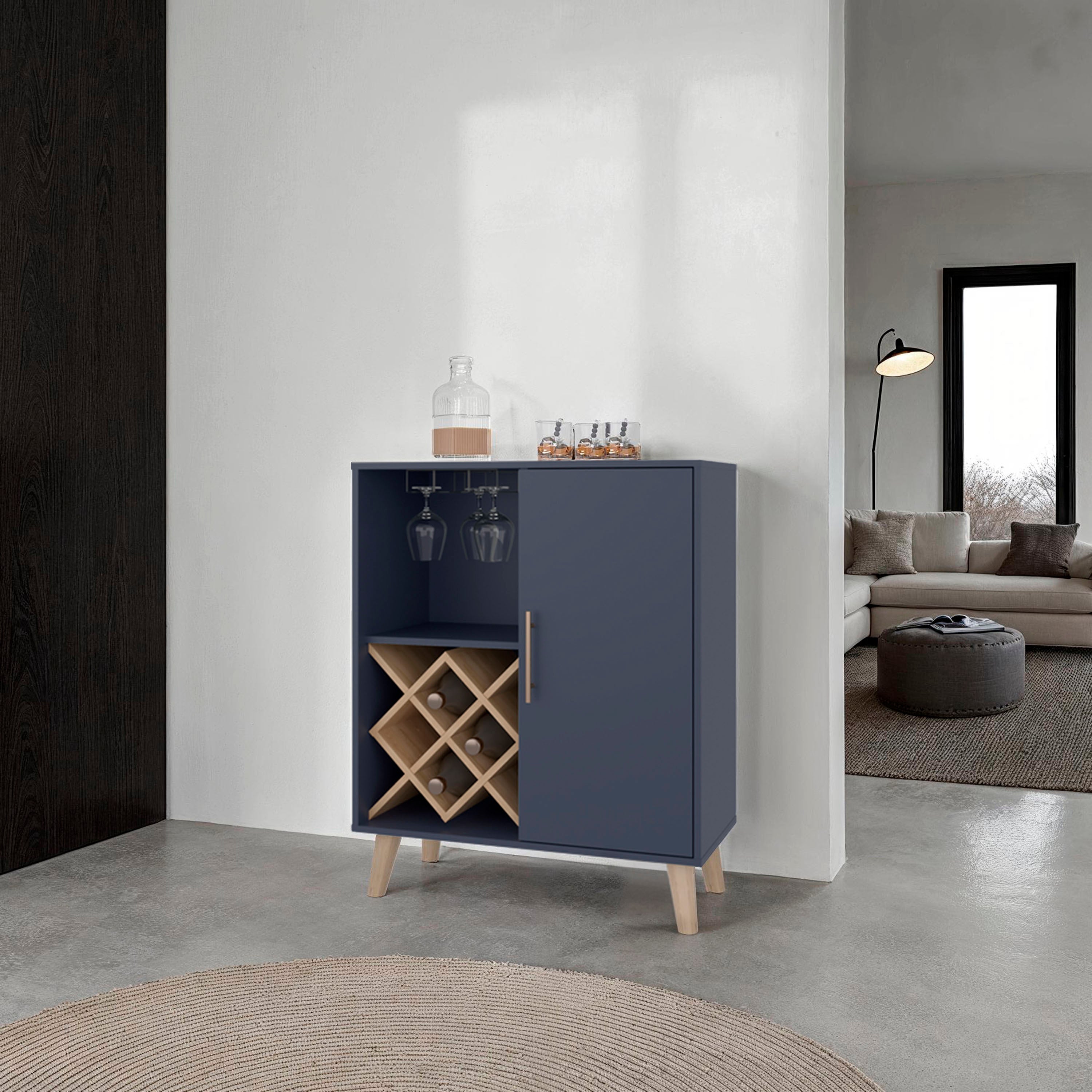 Bar Cabinet 38.6' H, 1 Door, 1 Drawer, 4 Shelves, Alby Blue / Natural Oak - Living Room