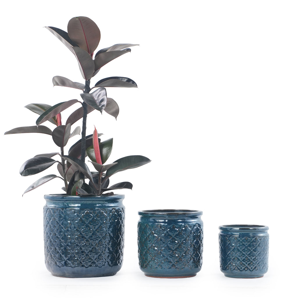 Handmade Ceramic Flower Pot Set of 3, 15/12/9 Inch Diameter, Navy Blue with Geometric Pattern, for Orchids Indoor/Outdoor Use on Windowsill & Bookshelf, Breathable Clay