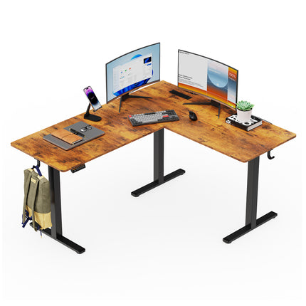 63'×55' Brown L-shaped Electric Height Adjustable Corner Desk, Standing desk,Power outlet embedded in desktop. 3-height memory presets and child lock function. Ideal for home and office work, gaming