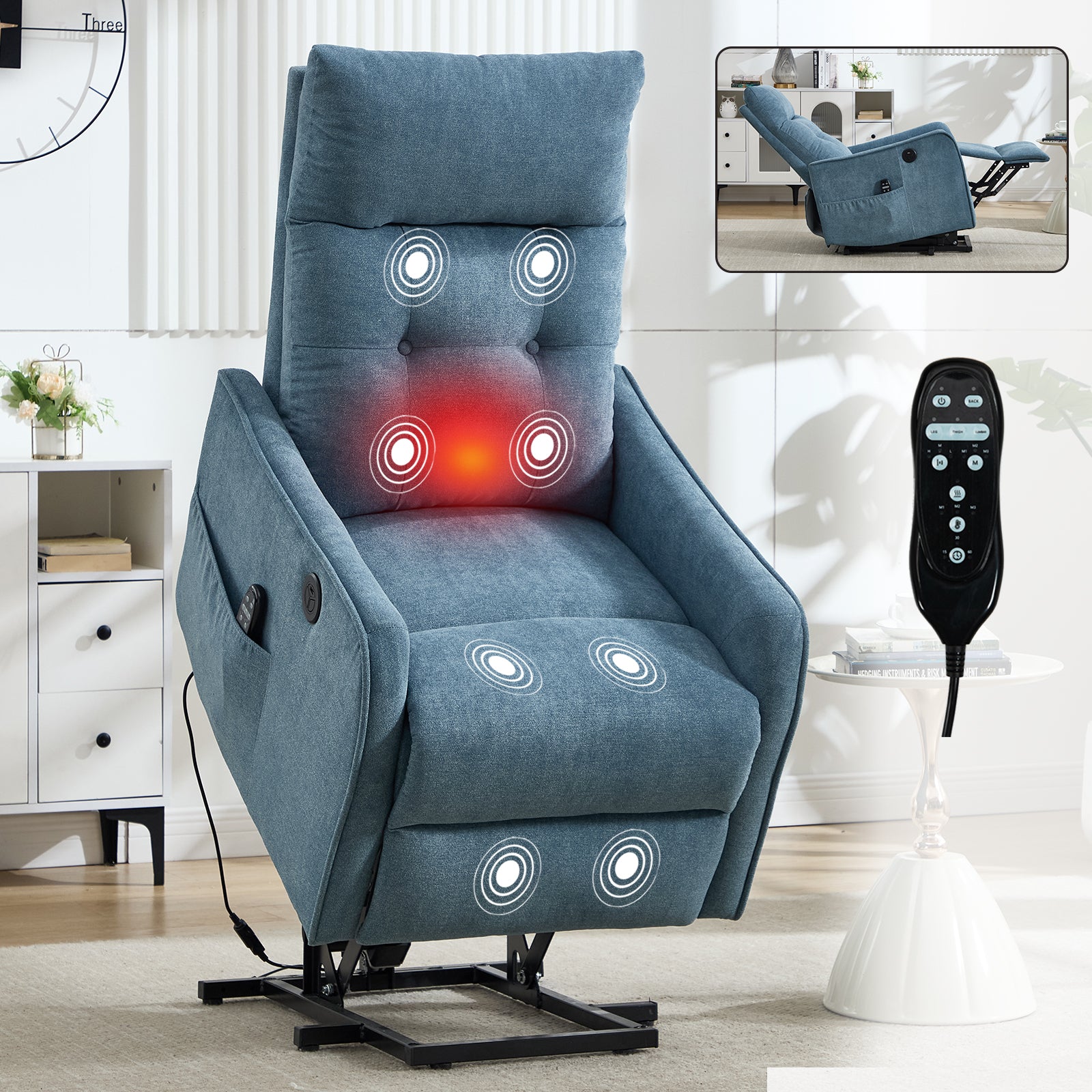 Blue Chenille Single Motor Power Lift Recliner Chair with Massage and Heat for Elderly, Heavy Duty Motion Mechanism and One USB for Charging, Max Reclining Angle 155°