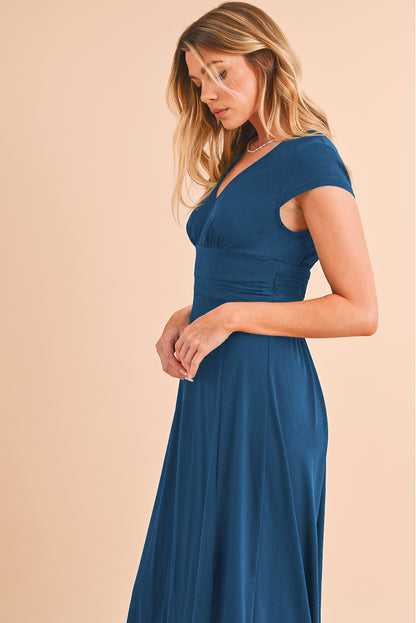 Peacock Blue Deep V Neck Ruched High Waist Maxi Dress - Eloy Royal