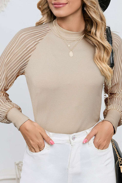 Apricot Ribbed Solid Color Striped Mesh Long Sleeve Top