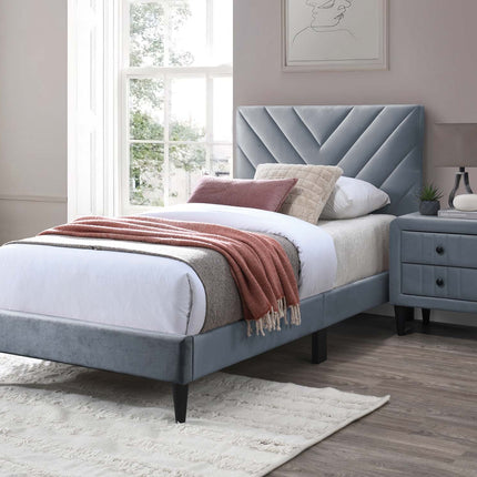Modern V-Stitching Tufted Design Twin Bed Velvet Upholstered in Gray