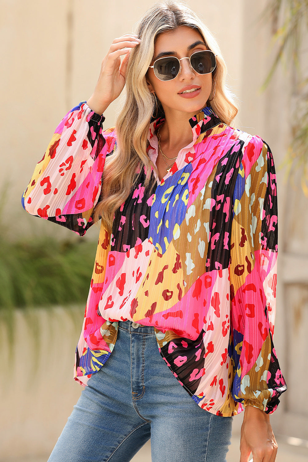 Rose Leopard Print Puff Sleeve Crinkle Blouse - Eloy Royal