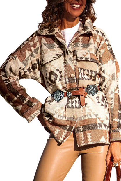 Wholesale Brown Geometric Print Flap Pocket Jacket - Eloy Royal