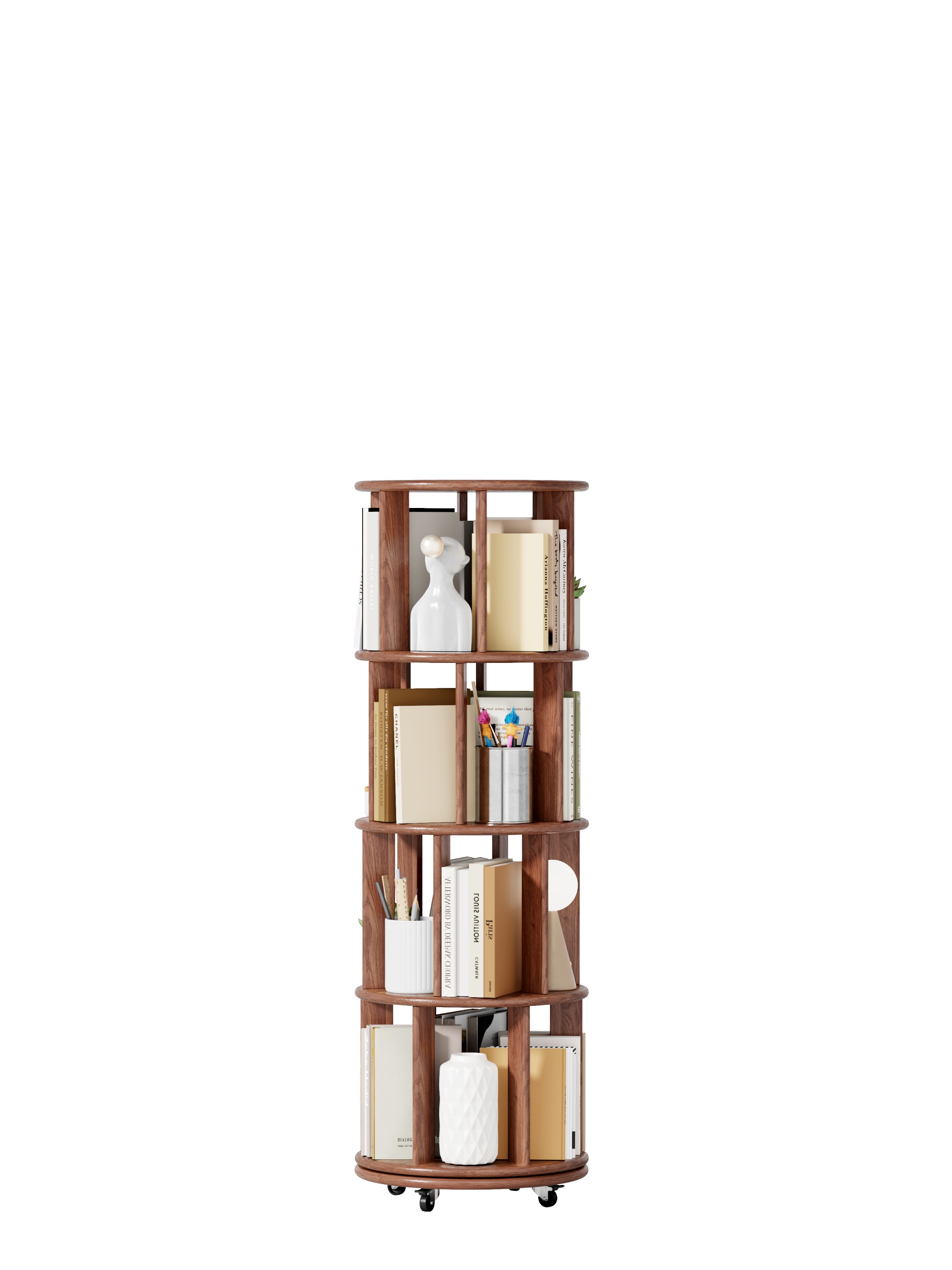 100%Solid Wood Rotating Bookshelf on Wheels, 4 Tier, Round Revolving Bookcase, 360° Spinning Book Shelf Tower for Kids, Narrow Rolling Bookshelves for Small Space, Corner, Bedroom, Office, Walnut
