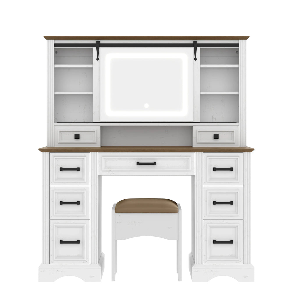 47.2' Farmhouse Makeup Vanity Desk with Sliding Mirror, Large Vanity Set with LED Lights, Dressing Table with Storage Stool and 9 Drawers, Ample Storage, White and Brown - Eloy Royal
