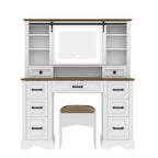 47.2' Farmhouse Makeup Vanity Desk with Sliding Mirror, Large Vanity Set with LED Lights, Dressing Table with Storage Stool and 9 Drawers, Ample Storage, White and Brown - Eloy Royal