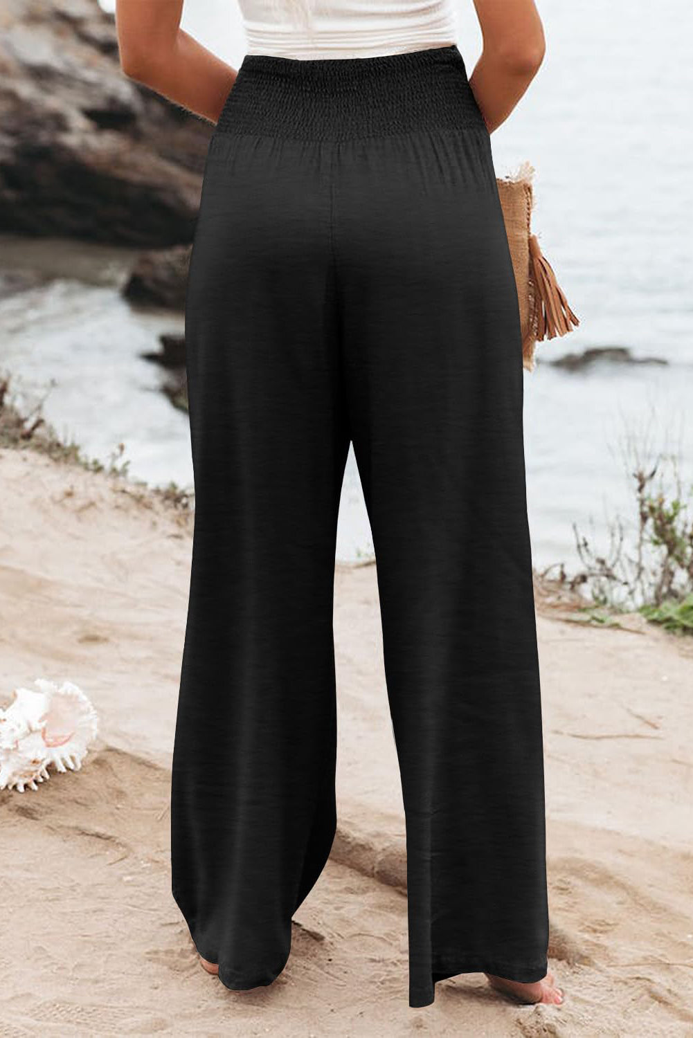 Black Shirred High Waist Plus Size Wide Leg Pants - Eloy Royal