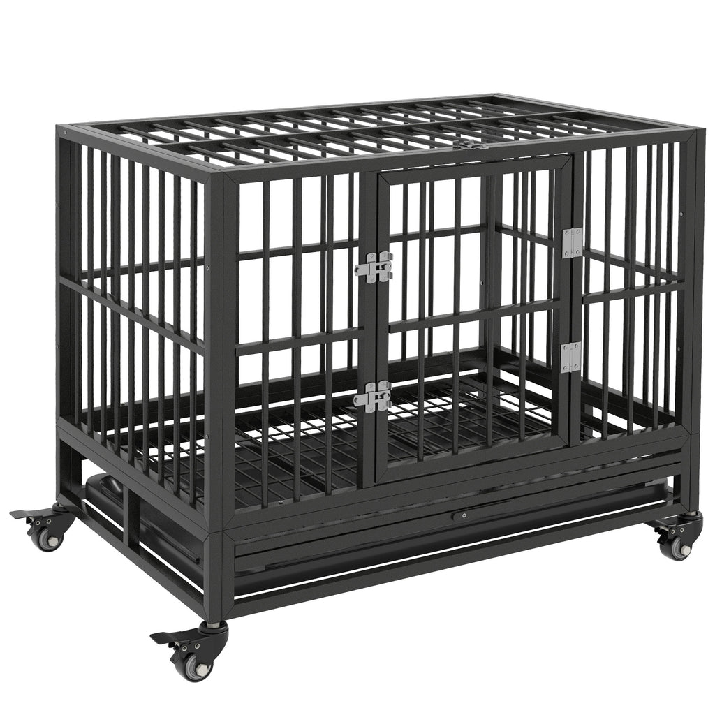 PawHut Heavy Duty Dog Crate Metal Cage Kennel with Wheels, Double Door, Removable Tray, Gray 36'