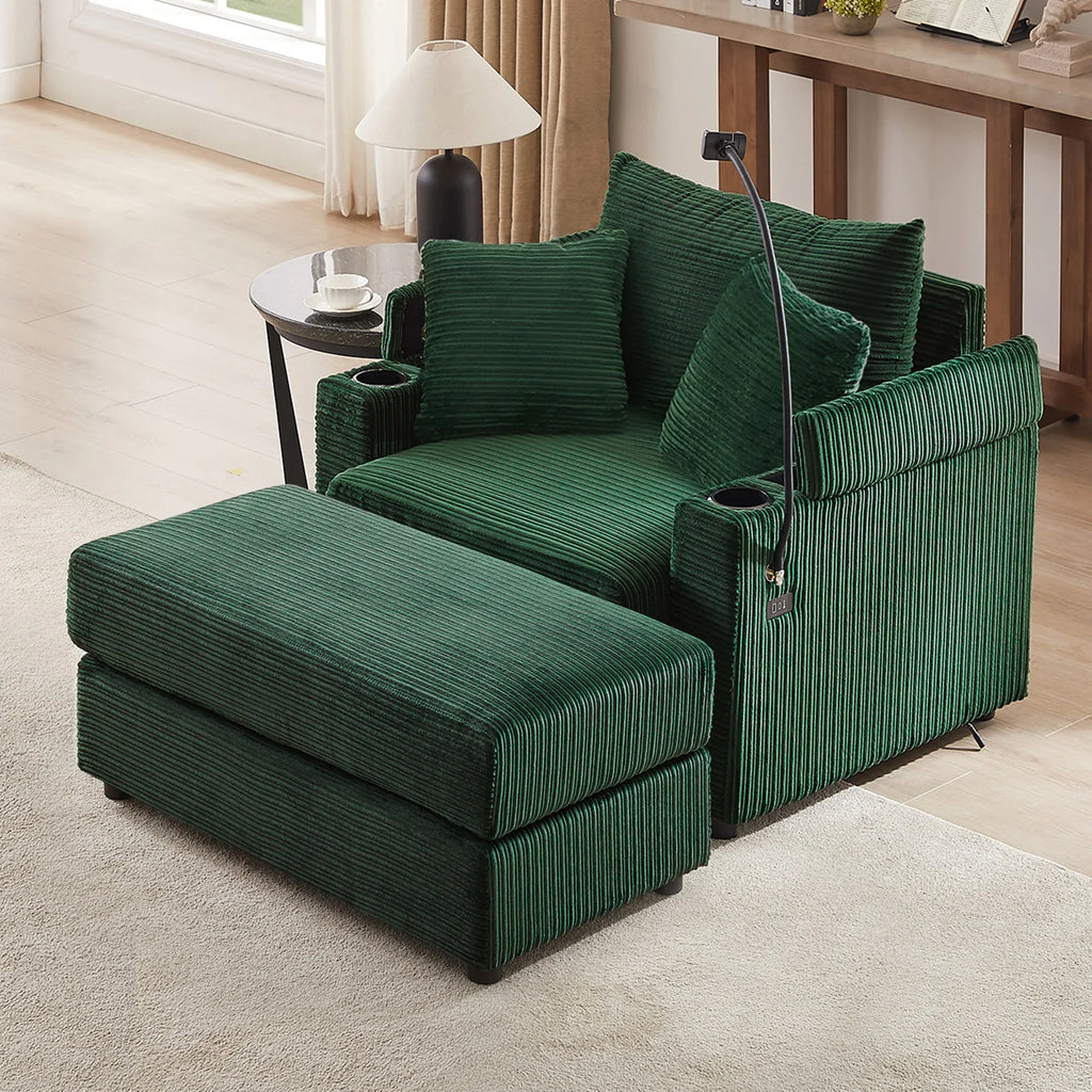 Modern Style Single Sofa Couch with Storage, USB Ports, Cup Holders, Green Corduroy - Eloy Royal