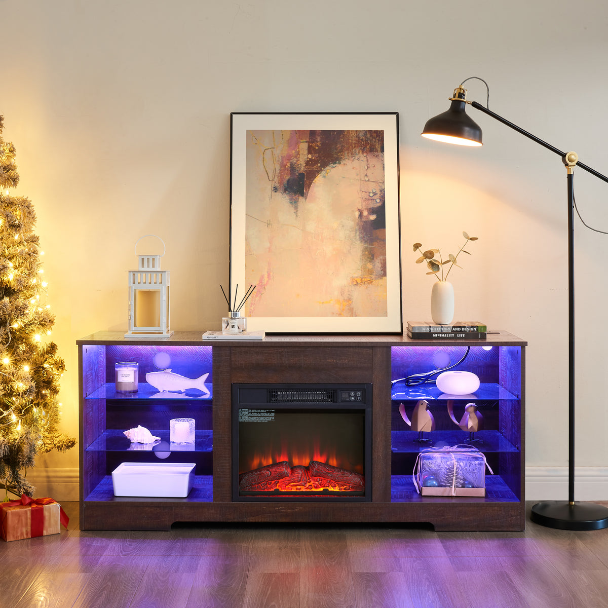 TV Stand Electric Fireplace TV Stand with Glass Shelves, 3D Fireplace TV Stand with LED Lights Wood with USB Charging Outlet Modern Television Table Center for TV up to 32-62' ESP 58''W*15.4''D*24.6