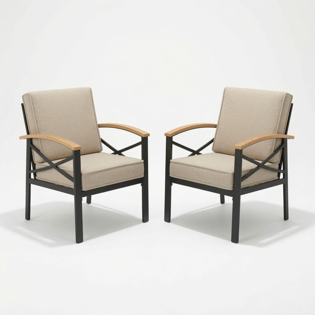 Heavy-Duty Metal Outdoor Patio Armchair Set of 2, All-Weather Beige Cushions with Black Powder-Coated Frame, 25.6' W x 22' D x 31.5' H