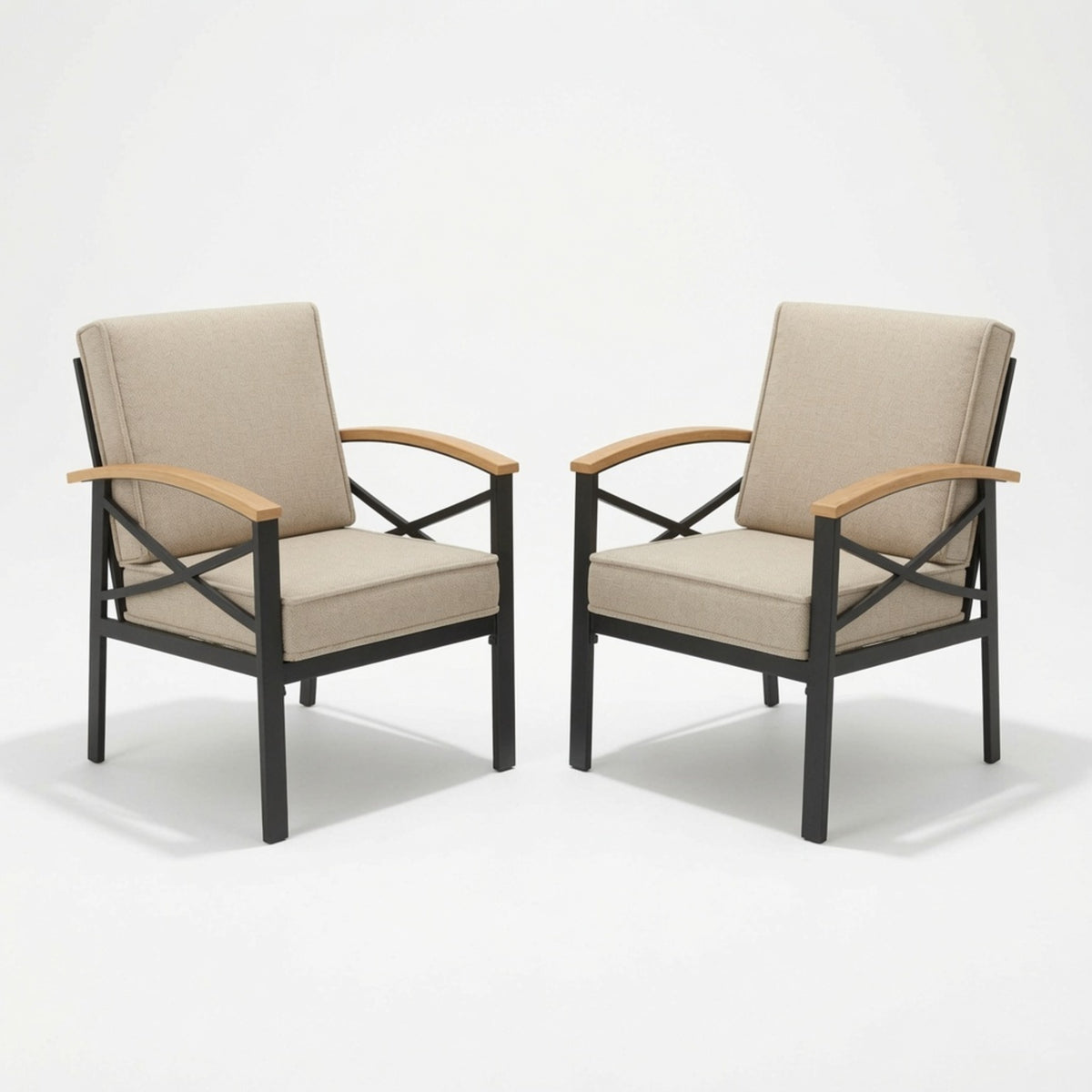 Heavy-Duty Metal Outdoor Patio Armchair Set of 2, All-Weather Beige Cushions with Black Powder-Coated Frame, 25.6' W x 22' D x 31.5' H