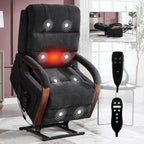 Power Black Chenille Lift Recliner Chair Dual Motor Infinite Position Up to 350 LBS with Solid Wood Armrests, Heat Massage and Heavy Duty Motion Mechanism