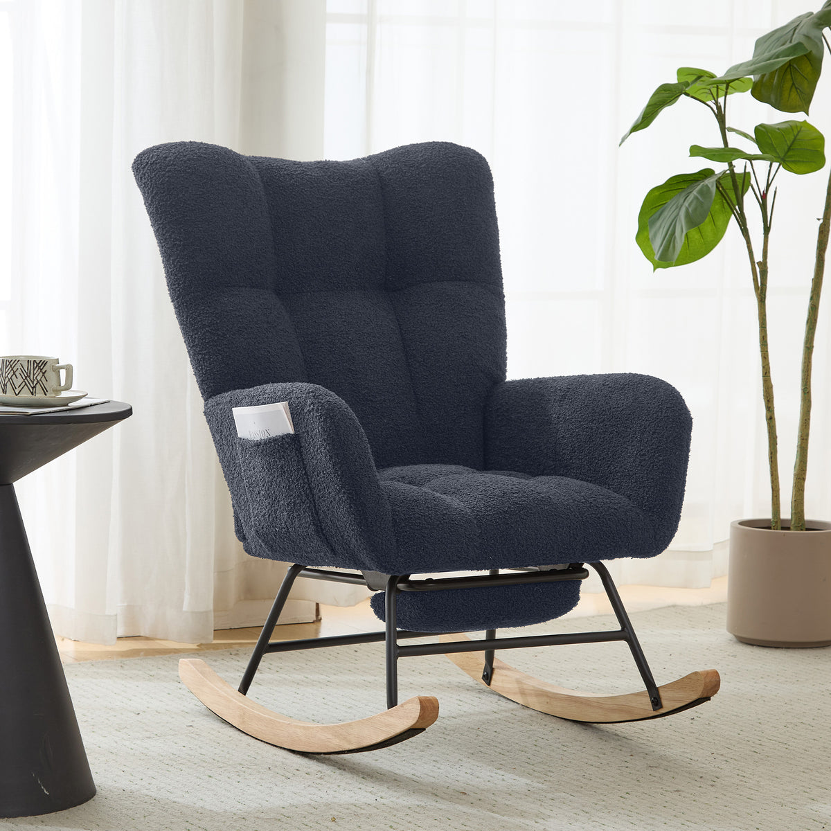 Dark Blue Teddy Fabric Wingback Glider Rocker & Ottoman Set, Nursery Nursing Rocking Chair with Side Storage Pocket, Smooth Gliding Motion, Safe Solid Wood Base, Comfy Accent Chair for Living Room.