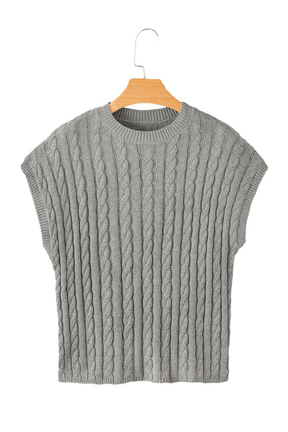 Gray Solid Cable Knit Short Sleeve Roun Neck Sweater