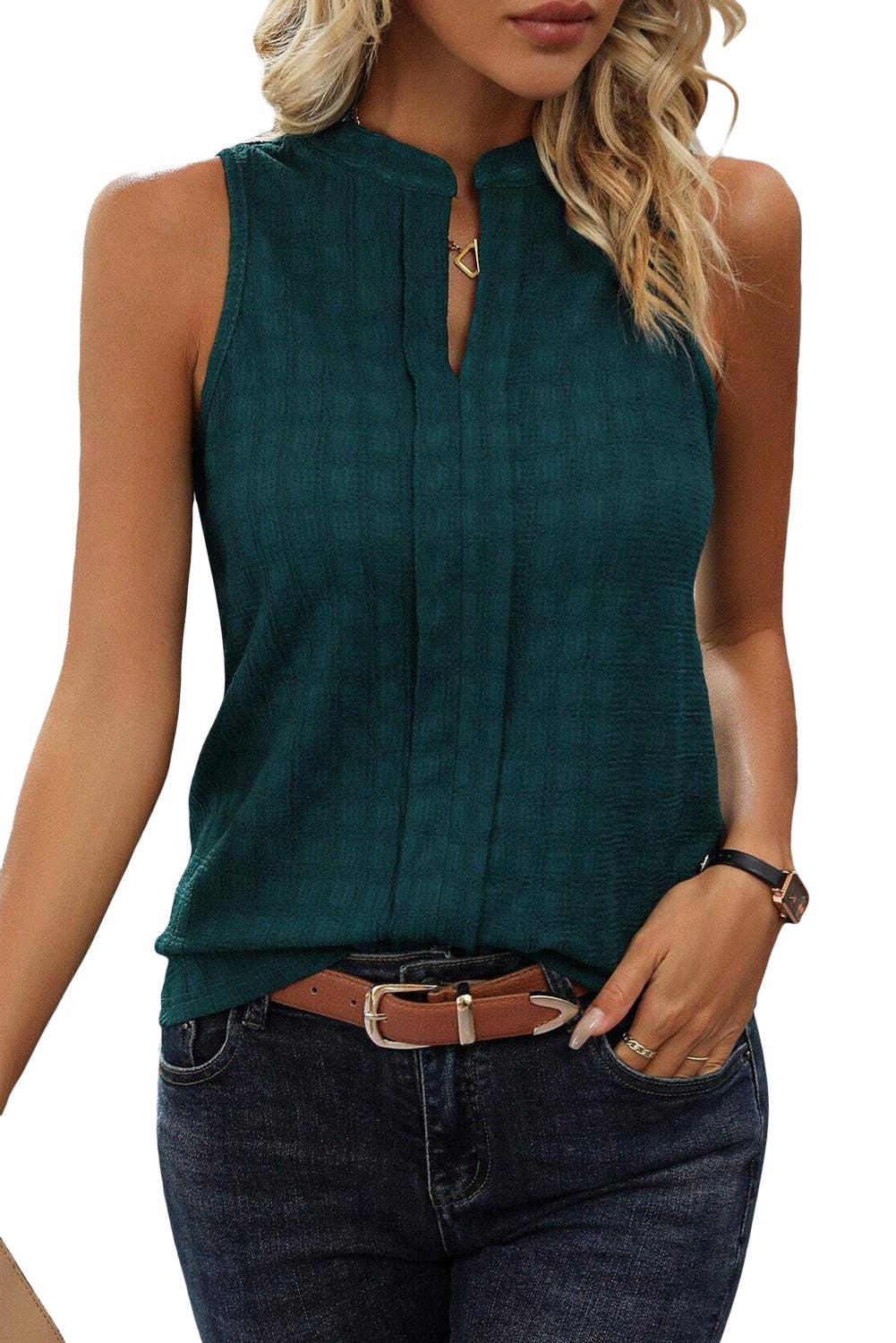 Sea Green Textured Split V Neck Sleeveless Shirt - Eloy Royal