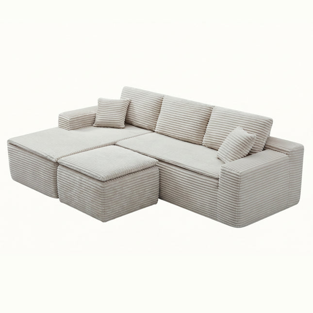 106.5' L-Shaped Corduroy Upholstered 3-Seat Lounge Sofa with Seat Cushion&Ottoman, Left Hand Facing