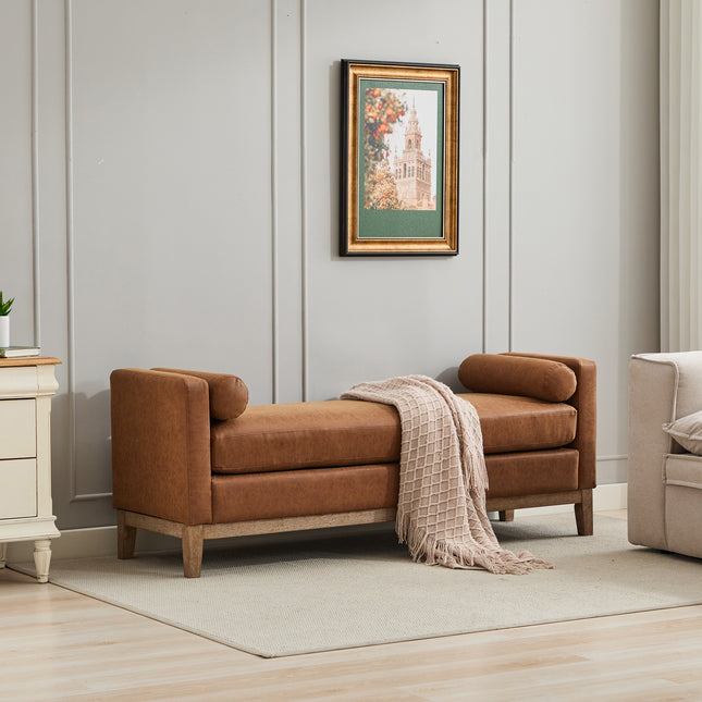 66.34'W Upholstered End of Bed Bench with Weathered Finish Wood Frame, Daybed, Footrest Stool Ottoman with Arms & Wood Legs & 2 Bolsters for Bedroom, Window, Living Room, Entryway, Hallway, Brown PU