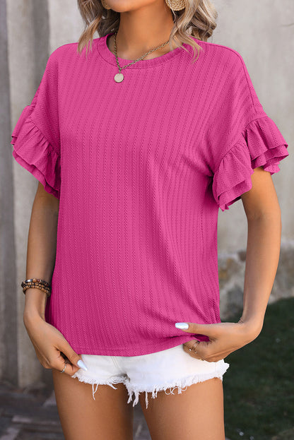 Orchid Solid Color Textured Layered Ruffle Sleeve T Shirt - Eloy Royal