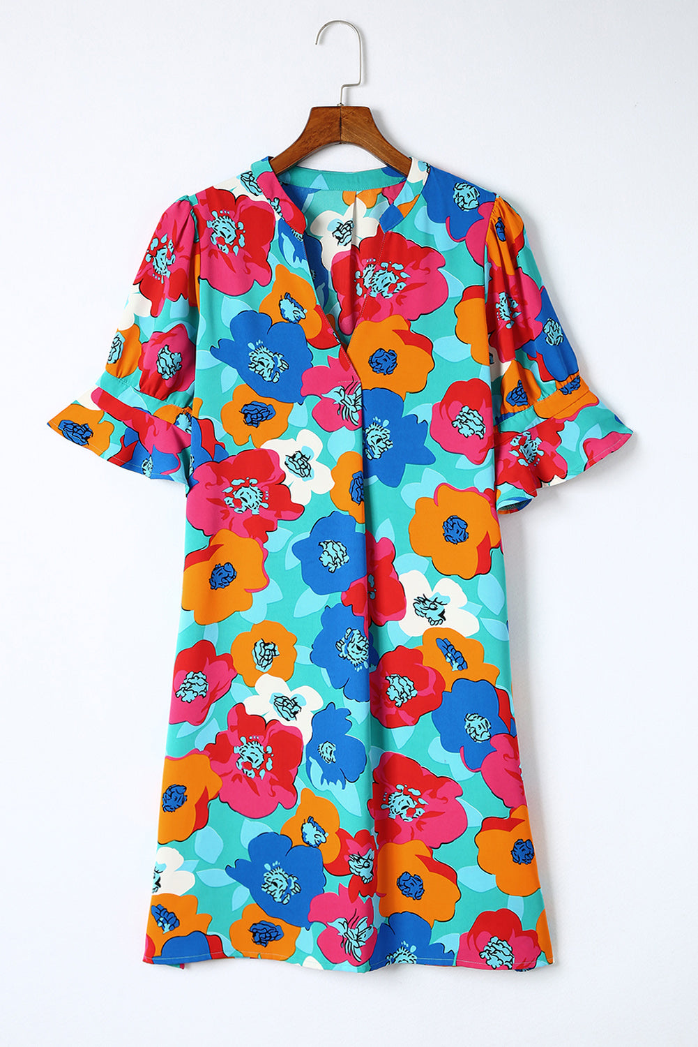 Multicolor Floral Print Mandarin Collar Short Sleeve Tunic Dress - Eloy Royal