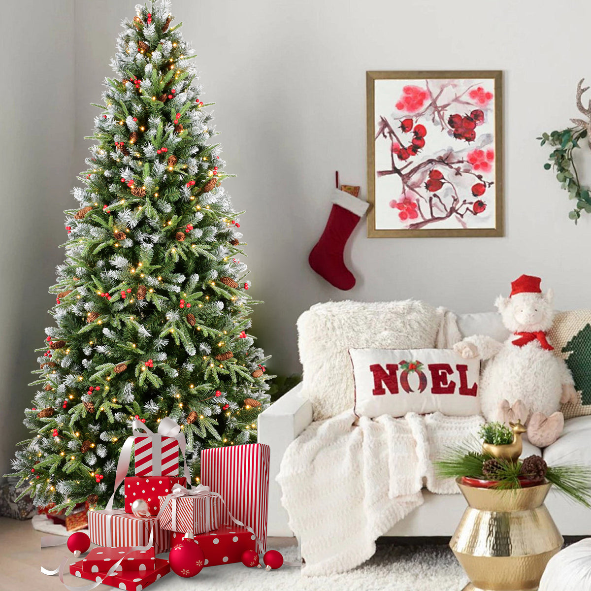 9FT Christmas Tree with 750 Warm White LED Lights – 3750 Snow-Tipped PE+PVC Branches, Red Berries & Pine Cones, Hinged Design, Stable Metal Stand – Realistic Holiday Decoration